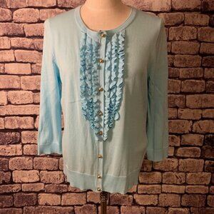 Talbots Aqua 3/4 Sleeve Cardigan W/ Front Ruffle Size Large